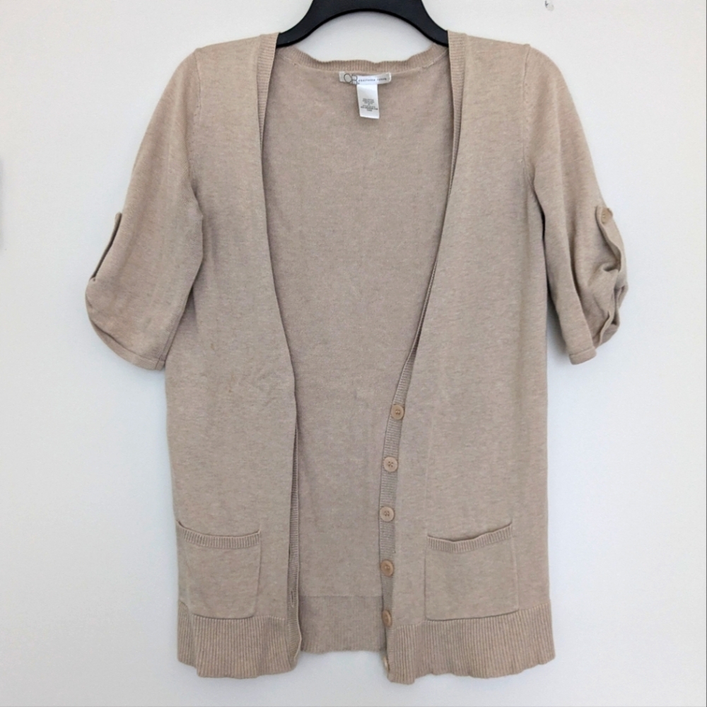 Charlotte Russe Tan Cream Button Short Sleeve Cardigan Long Sweater, WM